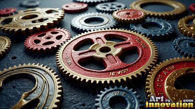 Red painted gears rest among gold and blue cogs on a dark textured surface