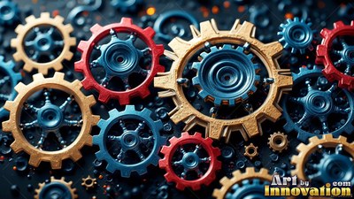 Metallic gears interlock across a dark surface, reflecting blue and gold light