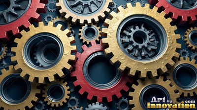 Viewed flat from above, yellow and red gears interlock on a dark surface
