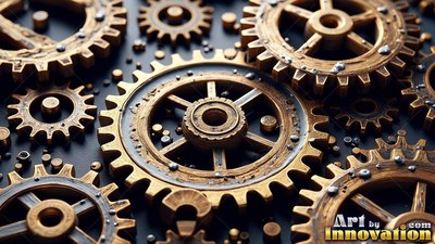Tarnished brass gears and small metal studs lie across a dark surface