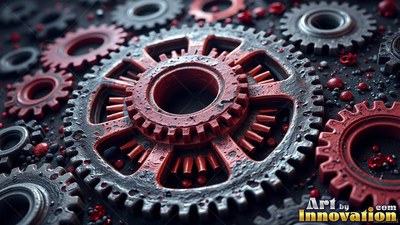 On a dark surface, red and silver metallic gears lie closely fitted together