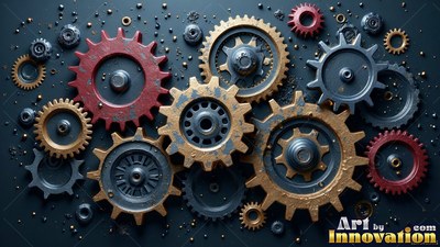 Interlocking across a dark surface, rusty gold and red gears turn together