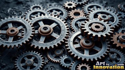 Steel and copper gears lying piled on a dark surface