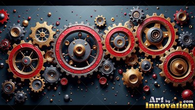 Red rims line interlocking metallic gears and cogs arranged flat across a dark surface