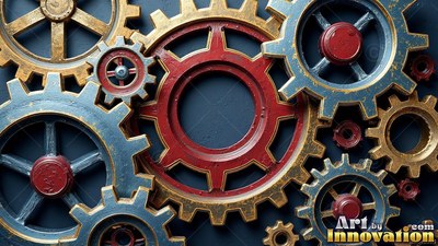 Facing flat from the front on a dark wall, red and blue gears interlock