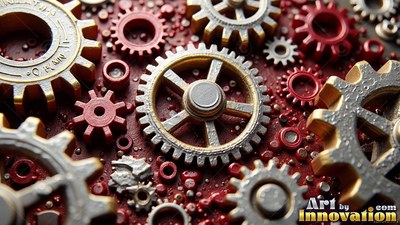 On a dark red surface, silver and gold gears rest closely together