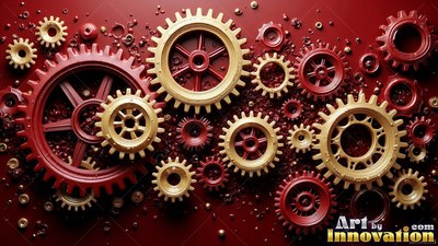 Interlocking across a flat surface, red and gold gears rest in soft light