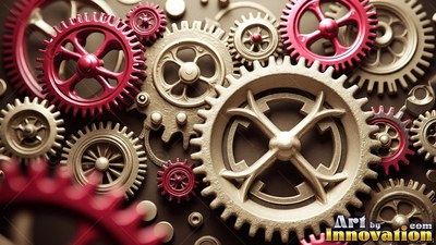 Interlocking metallic gears in gold and magenta shades
