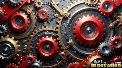 Bright red toothed rims interlock with brass and dark gray metallic cogs across a machine wall