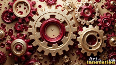 Brass and red cogs interlock together under warm highlights across a flat surface