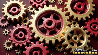 Viewed straight on, gold and red metallic gears mesh together