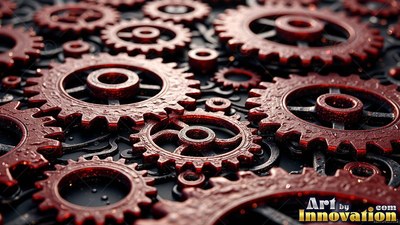A close view of wet reddish metallic gears laid flat under soft light
