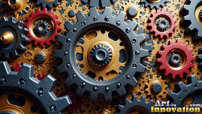 In a dark workshop, interlocking gears turn in shades of gold , red, and steel