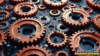 Lying flat together, copper and gray gears rest among tiny metal beads