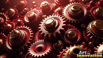 Red and gold metal gears layered together in warm light