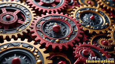 Red raised teeth line interlocking metal cogs laid across a dark surface under soft light