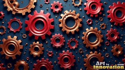 Red and bronze gears lie across a dark blue surface under soft overhead lighting