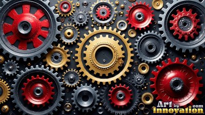 Facing flat against a dark surface, red, gold, and steel gears interlock