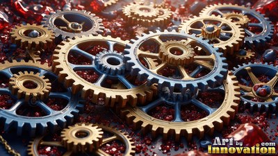 Blue and brass toothed metal wheels rest scattered across a bed of tiny red crystals