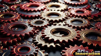 Across a dark surface, interlocking red and brass gears lie flat under soft light