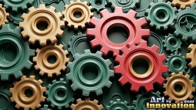 Fitting together tightly, red, green, and gold plastic cogs fill the view in soft light