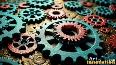 Blue and red gears arranged together on a surface