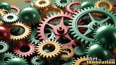 Notched green edges on interlocking gears lie in soft light across a dark surface