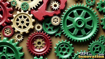 Painted gears interlock on a flat surface, catching bright highlights on green metal