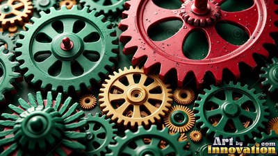 Tilted flat, painted green, yellow, and red gears interlock closely together