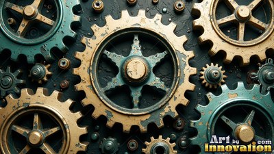 Old brass and teal gears mesh together on a dark textured surface