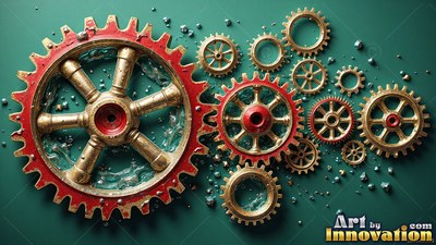 On a green surface, red and gold gears rest near metal droplets