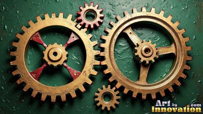Interlocking together, brass and red gears rest against a green metal wall