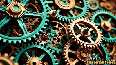 Teal and brass metallic gears linked together closely