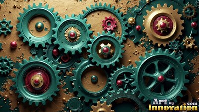 Teal teeth interlock across golden metal gears laid out on a rough brass surface