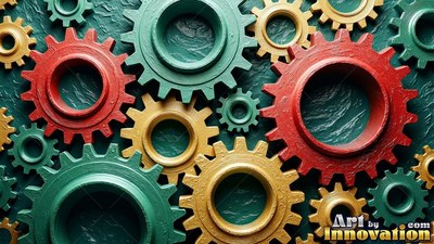 Colorful toothed metal wheels interlock across a dark green surface under soft light