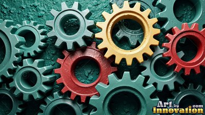 Flat view against a textured surface of colorful interlocking gears
