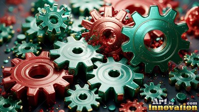A collection of shiny red and green metal gears clustered together