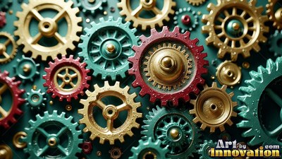 Across a dark green surface, teal, red, and gold cogs interlock together