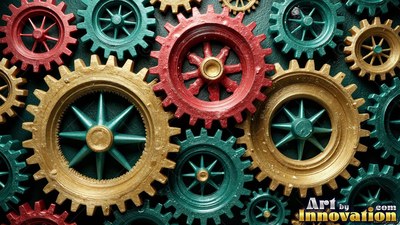 Interlocking together, colorful metal gears in gold, red, and teal fill the dark space