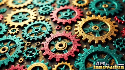 Colorful gears lying flat on a dark surface