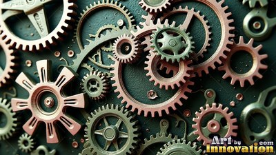 Copper-rimmed teeth interlock on bronze cogs and wheels set flat across a dark surface