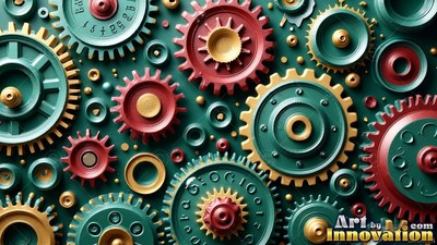 Colorful gears interlock tightly across a flat surface under soft bright light