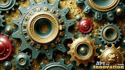 Facing flat from above on textured stone, green and gold gears interlock