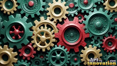 Green, gold, and red metallic gears mesh tightly together