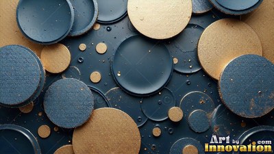 Floating in dark blue liquid, gold and blue metallic discs scatter across the surface