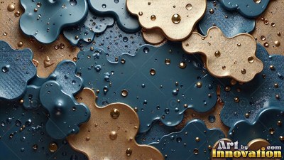 Blue and gold cloud shapes covered in round metallic drops