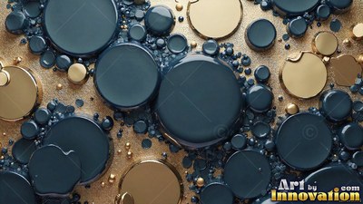 Smooth dark teal discs rest beside polished gold cylinders over grainy sand