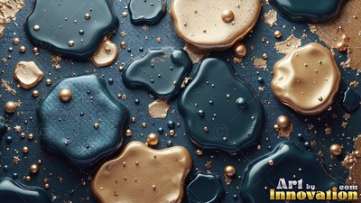 Dark teal and gold liquid blobs pool together under soft light on a speckled surface