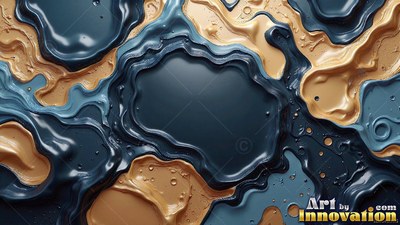 Top-down view of thick ripples of blue and beige liquid clay pooled together