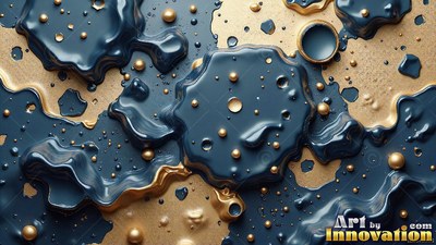 Dark blue melted gears sit in pools of gold liquid with shiny beads scattered around